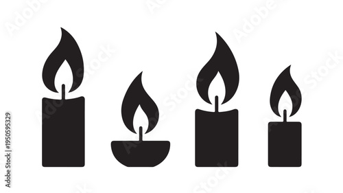 Black Burning Candles Silhouette Vector Icon Set Isolated on White