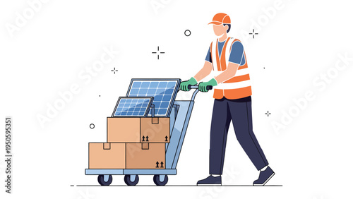 Eco-Friendly Delivery: An industrious worker transports solar panels on a trolley, illustrating the commitment to sustainable energy and eco-conscious practices.
