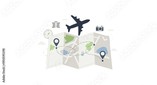Illustration of a travel map with an airplane, luggage, camera, and route pins, symbolizing global journey planning and exploration.
