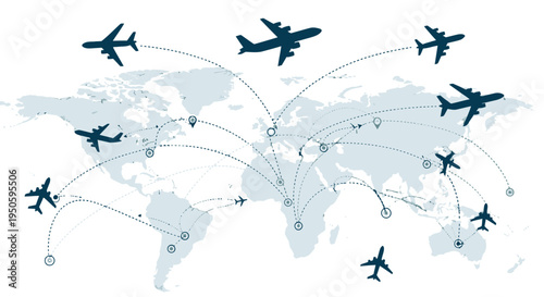 Global air travel network with multiple airplanes flying over a world map, illustrating international routes and connectivity.