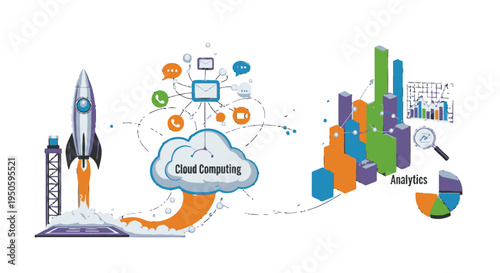 Illustration showing a rocket launch, cloud computing infrastructure with connected devices, and data analytics with charts and graphs.
