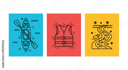 Set of 3 outdoor icons vector, kayaking, life jacket, river