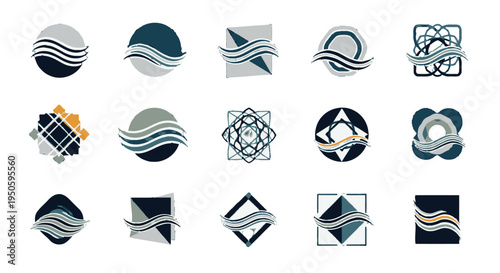 A collection of abstract wave logos and icons in various geometric shapes, featuring muted blue, gray, and white color palettes, suitable for branding and design projects.