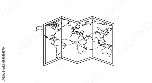 Line art illustration of a folded world map with an airplane tracing a dotted travel route across continents, symbolizing global travel and exploration.
