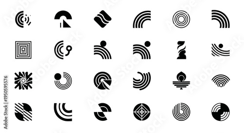 A grid of 25 abstract black and white geometric logos and icons featuring curved lines, circles, and wave-like patterns, suitable for modern branding.