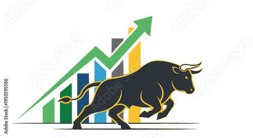 Dynamic illustration of a charging bull in front of an ascending bar graph with a green arrow, symbolizing a bullish market and financial growth.