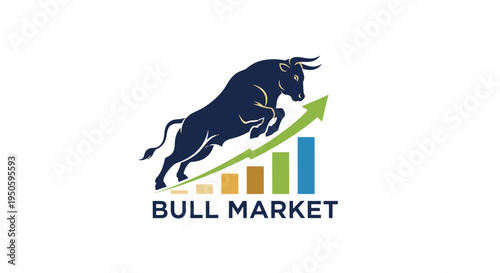 A strong, dynamic bull leaping over a rising green arrow and a bar chart, symbolizing a bullish market trend and financial growth.