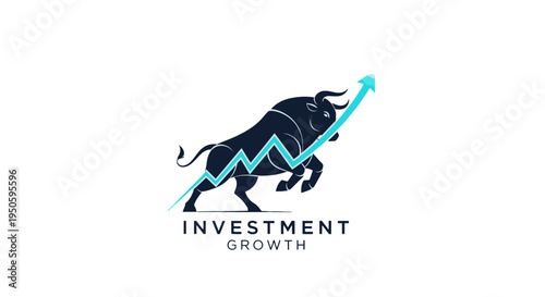 A strong, black bull stands with an upward-trending blue financial graph, symbolizing investment growth and a bullish market trend on a clean white background.