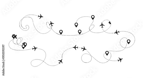 Abstract illustration of airplanes flying along dotted flight paths with location pins, symbolizing global travel and air routes.