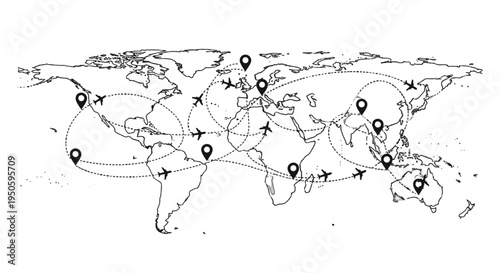 A black and white minimalist illustration of a world map depicting global travel routes and interconnected destinations with airplanes and location pins.