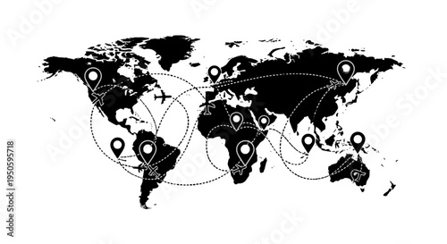 Black and White World Map with Connected Location Pins on Isolated White Background