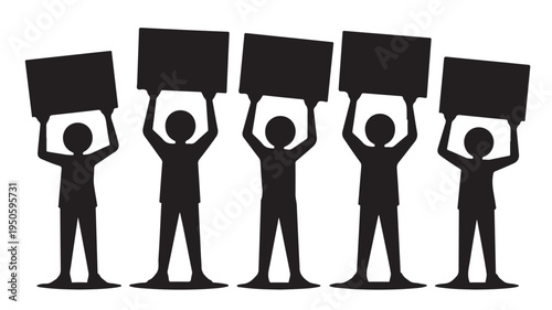 Five People Silhouettes United Holding Blank Signs in Stark Black and White Graphic Illustration for Protest and Advertising.