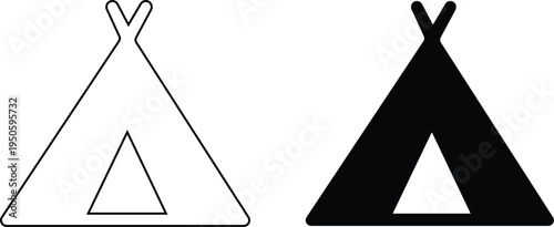 Camping tent icons set outdoor adventure shelter symbols with camp tents, mountain and forest travel elements for hiking tourism nature trip vector illustration design collection group