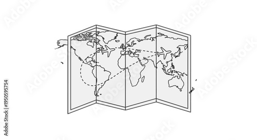A minimalist line art illustration of a folded world map with dotted travel routes, symbolizing global journeys and exploration.