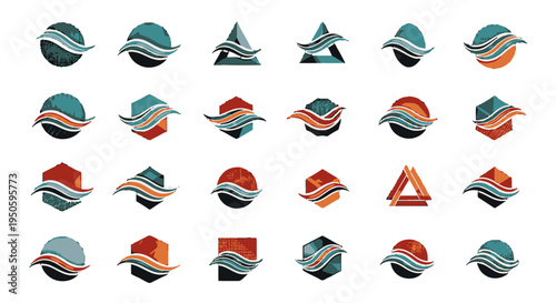 A collection of modern abstract logos featuring wavy elements combined with various geometric shapes like circles, triangles, and hexagons, in a consistent color palette.