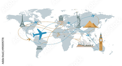 Illustration of a world map depicting global travel routes, famous landmarks, and airplanes symbolizing international tourism and exploration.