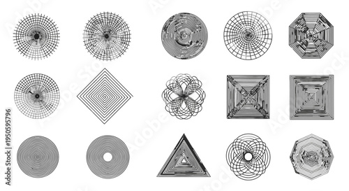 A collection of intricate geometric patterns and abstract designs in various shapes including circles, squares, and a triangle, rendered with fine lines.