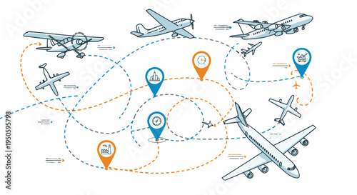 Multiple Airplanes Flying Along Dotted Routes Connecting Location Pins on Isolated White Background