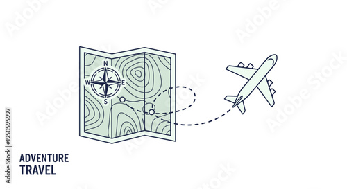 Illustration of an airplane flying along a dotted path from a folded map with a compass, symbolizing adventure travel and exploration.