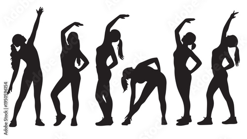 Women Stretching Exercise Silhouettes in Dynamic Active Style with Black and White High Contrast Vector Illustration for Fitness Promotion.