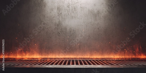 Hot barbecue grill grate with glowing coals and sparks, empty BBQ background