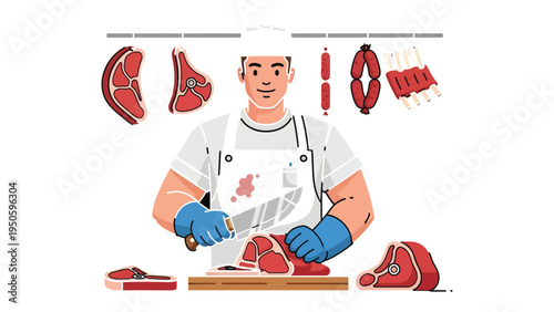 The Butcher: A skilled butcher meticulously prepares cuts of meat, showcasing expertise and tradition. The illustration is a tribute to the craft of butchery, with a focus on detail and fresh quality.
