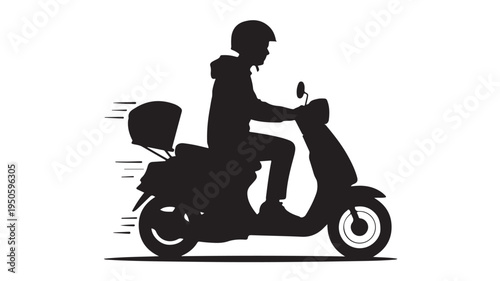 Delivery rider on scooter with dynamic speed lines in black silhouette vector illustration for urban transportation.