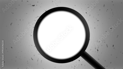 Magnifying glass focus overlay animation with stop motion film grain noise outside frame and vignette effect on white background. 4K animated for investigation focus frame and vintage video editing.