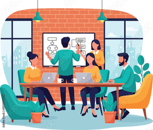 A team of diverse professionals collaborating on a business strategy project in a modern office