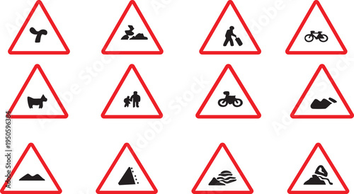 Set of road and traffic signs featuring vector icons for warning, danger, and safety with yellow hazard triangles and red stop symbols isolated for highway transportation