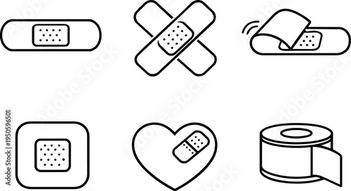 Medical bandage first aid healthcare line icons. Vector