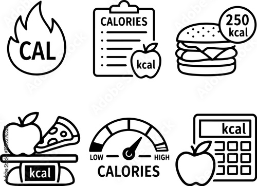 Calories nutrition diet tracking food line icons