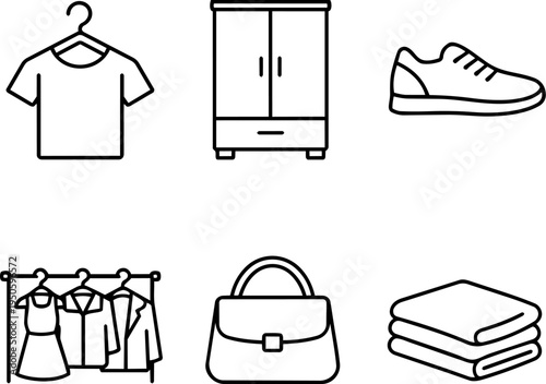 Clothing wardrobe fashion apparel line icons. Vector