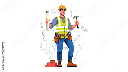 Construction worker illustration: A skilled construction worker confidently holds blueprints and a hammer, symbolizing expertise, ready to build and create, standing amidst the tools of his trade.