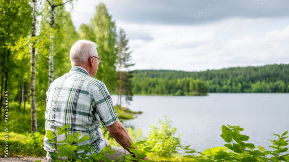 Fototapeta premium Peaceful Retreat by the Lakeside on a Cloudy Day with a Senior Man Relaxing