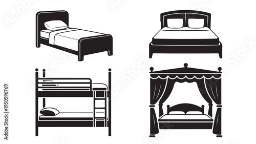 Collection of Bed Furniture Types in Flat Graphic Silhouette Style with Black and White Vector Format for Interior Design and Decor.