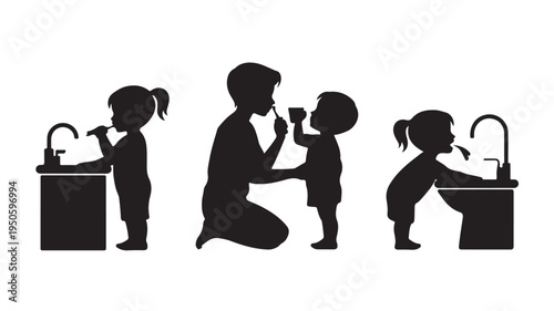 Children brushing teeth with parent assistance, educational silhouette black and white vector illustration for dental hygiene promotion.