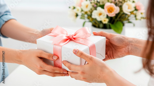 Hands giving white gift box with pink ribbon and flowers for Mother's Day celebration at home