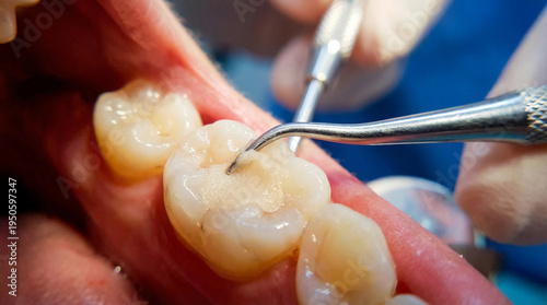 Close-up of Professional Dental Filling Procedure on Molar Tooth