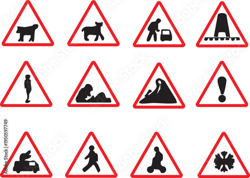 Vector illustration set of road traffic signs including warning symbols for street safety hazard caution and high voltage danger icons