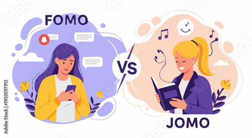 FOMO vs JOMO Concept Vector Illustration Depicting a Woman Experiencing Fear of Missing Out on Social Media and Another Enjoying the Joy of Missing Out While Reading a Book