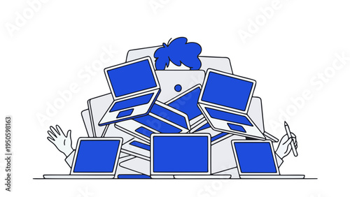 Overwhelmed Worker Hidden Beneath Stack of Glowing Laptops – Tech Burnout Concept