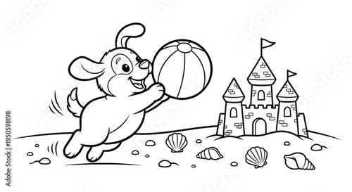 Vector illustration of a rabbit playing with a beach ball on a beach with a sandcastle