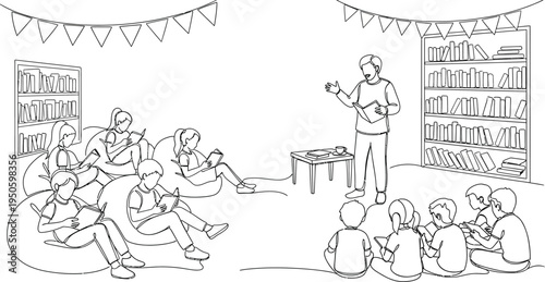 people sitting in a library or bookstore listening to a speaker