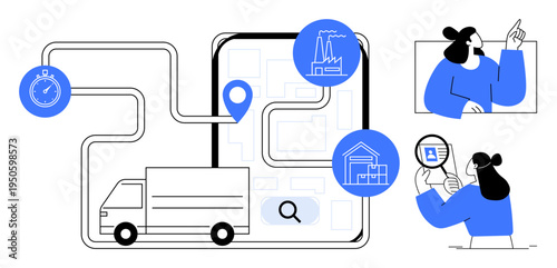 Supply chain concept. Supply chain efficiency illustrated with delivery routes, factories, and warehouses. Supply chain management for logistics, e-commerce, shipping, and manufacturing planning