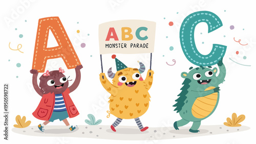 Happy monster parade with abc letters, celebrating education and childhood fun, children education, learning fun
