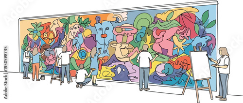 people creating street art mural