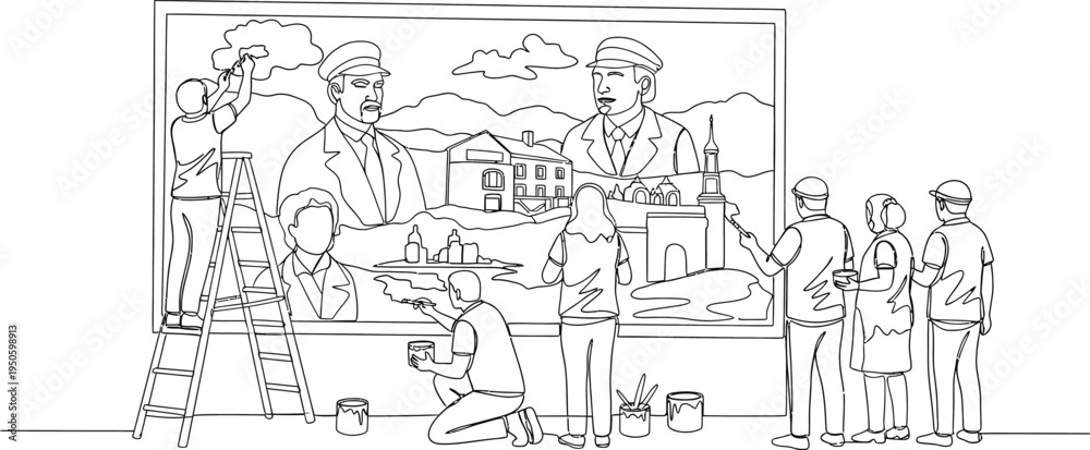 Obraz premium village scene sketch, simple line drawing