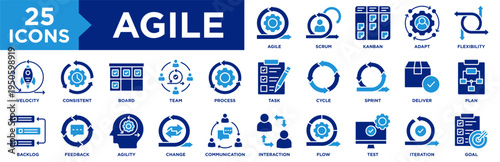 Agile Icon Set Collection. Icon Pack Contain Scrum, Sprint, Kanban, Flow, Cycle, Interaction, Task, Board, Team, Communication