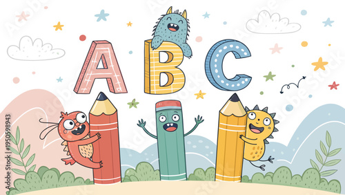 Cute monsters and giant pencils with abc letters, whimsical illustration for learning and creativity, monster character, back to school